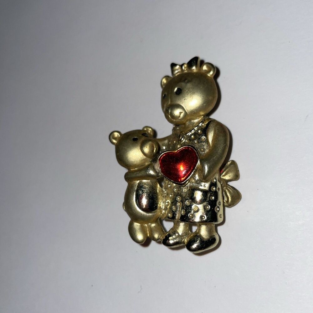 Danecraft Mommy Child Teddybear Heart Brooch Goldtone Enamel Vintage Signed Nice